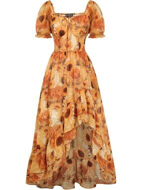 ✨Women's Yellow Sunflowers Puff Sleeve Ruched Bust High Low Chiffon Sundress